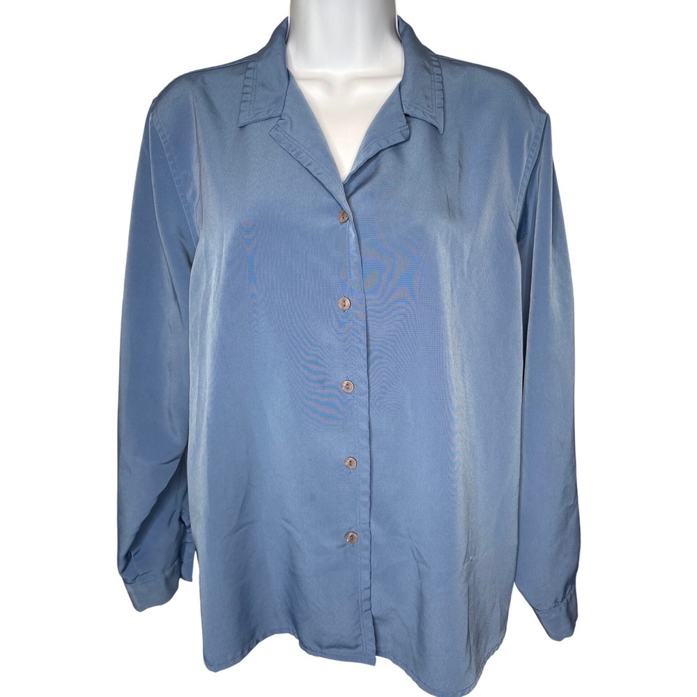 VTG 90s TravelSmith Womens Blue Button Up Shirt Sz L Petite Camp Collar Silky